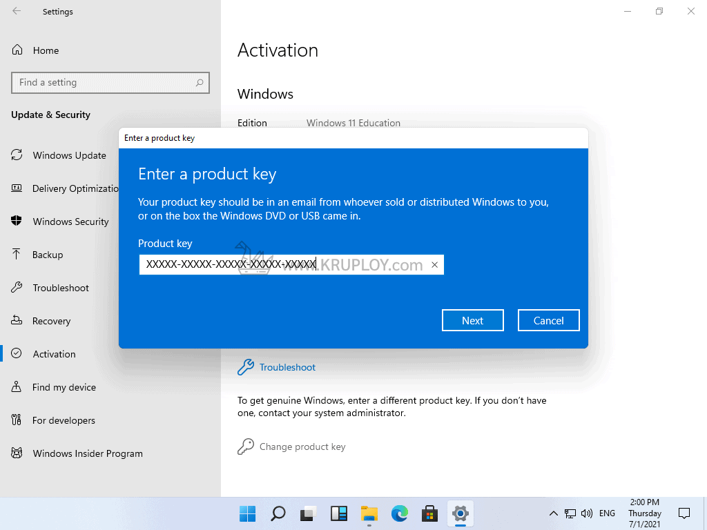 กรอก Product Key Windows 11 ลงไป