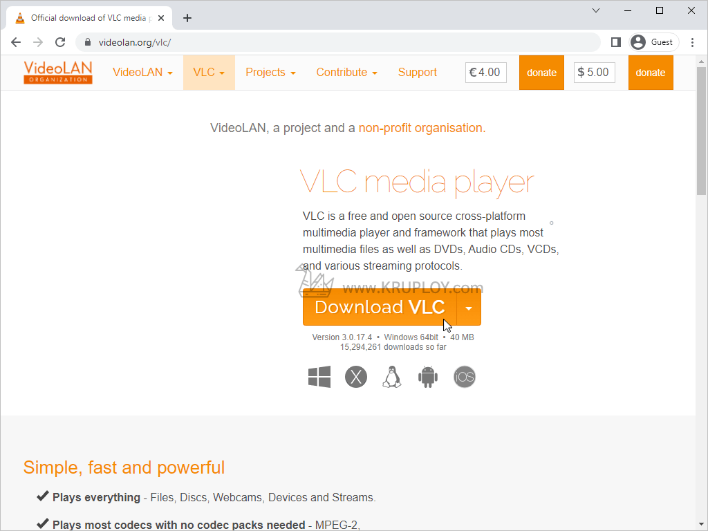 ไปที่เว็บไซต์ VLC